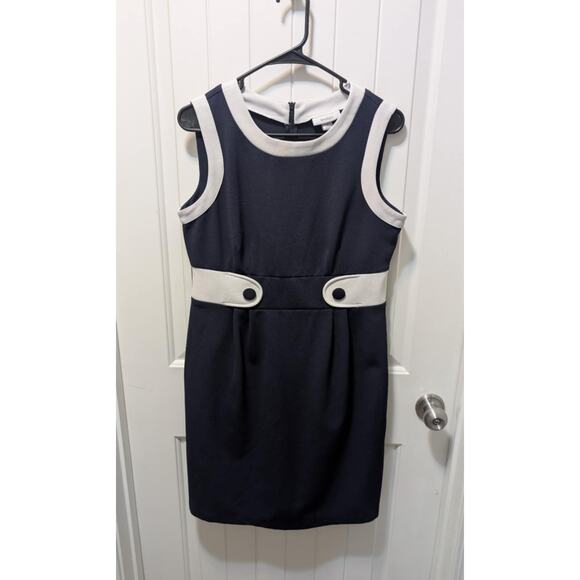 Dressbarn Navy Blue White Shift Dress Sleeveless Scoop Neck Size 10 Work Stretch - Picture 1 of 7